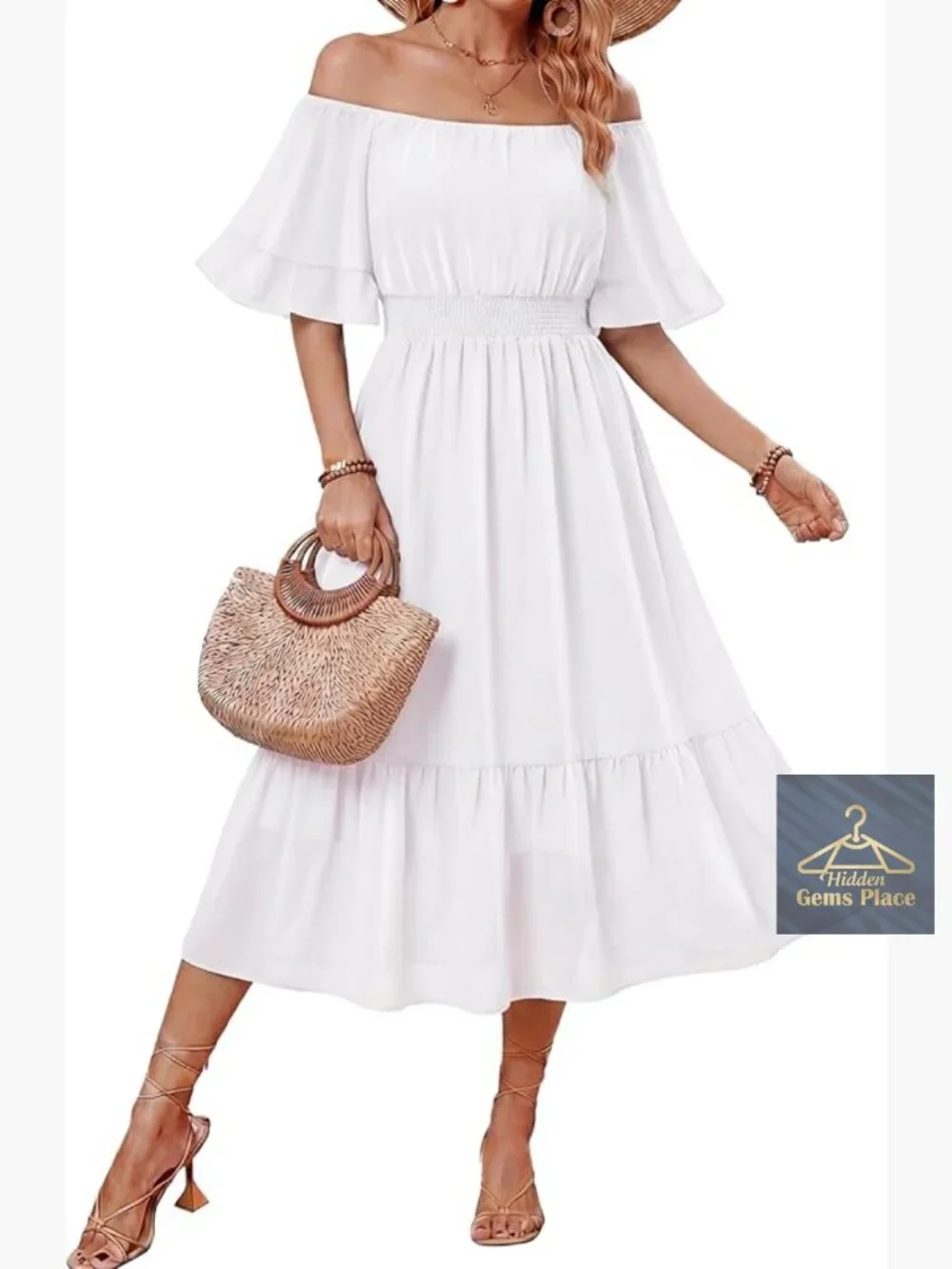 Off Shoulder Midi Dress Ruffle Sleeve Smocked Elastic Waist Flowy Bohemian